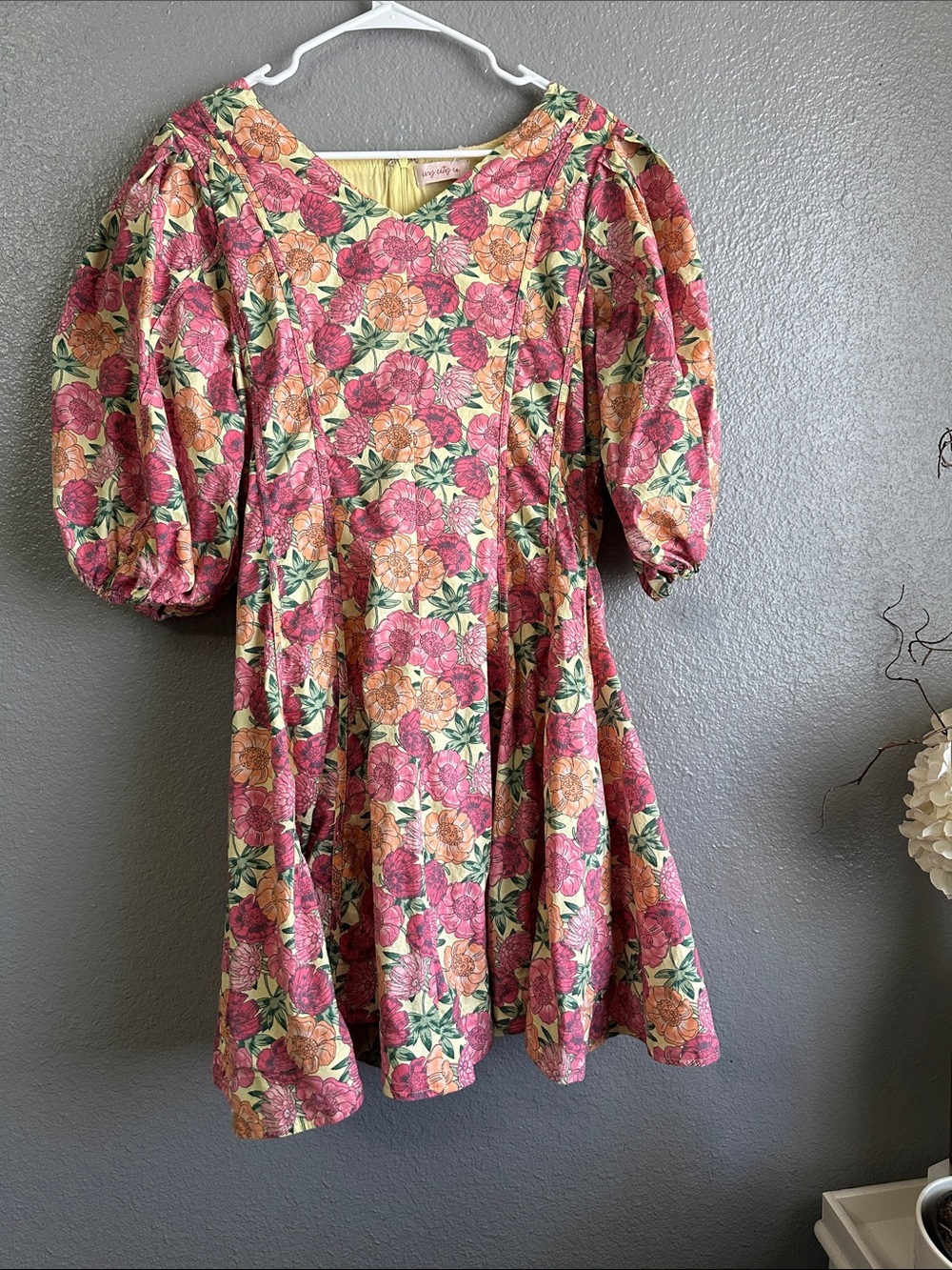 Ivy City Co Floral Puff-Sleeve floral Dress 2 pocket in Pink & Yellow cotton